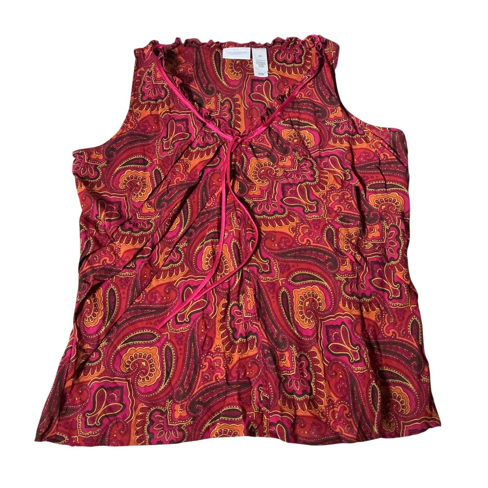 Liz Claiborne Woman Bohemian 70s Paisley Sleeveless Tie Front Blouse 18W